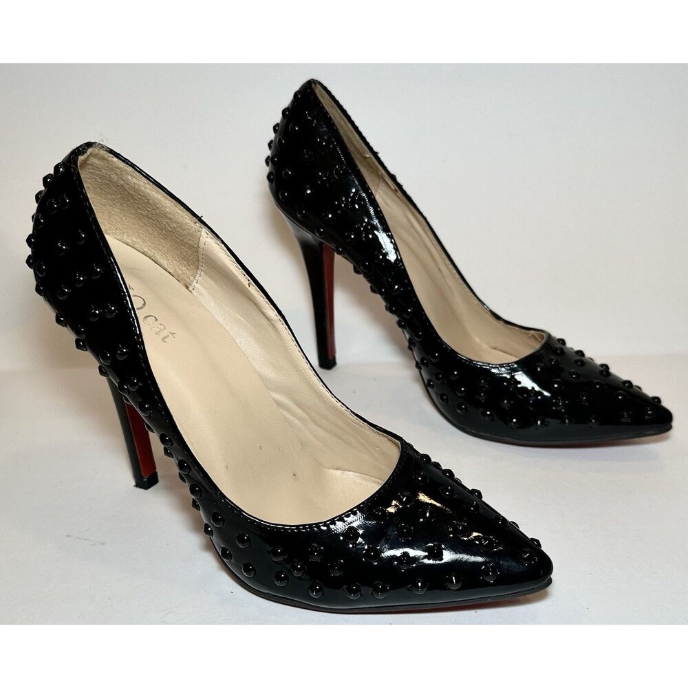 JoJo Cat Black Patent Studded Pointed Toe Stiletto Pumps Red Sole EU 38 US 7.5-8